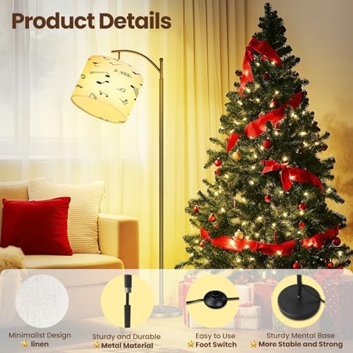 Modern Arc Floor Lamp, Seamless pattern sketch musical theme notes music treble clef Standing Lamp with Hanging Linen Shade Adjustable Foot Switch for Living Room Bedroom Study Room Office - Image 4