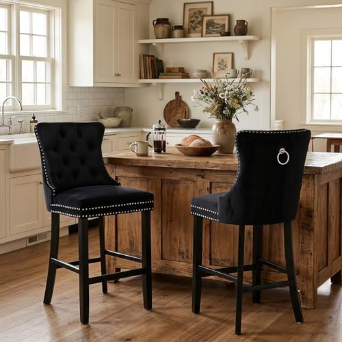 SoarFlash Modern Velvet Upholstered Bar Stools Set of 2 with Wood Legs, Button Tufted,Chrome Nailhead, Counterstool Seat, Armless Bar Chairs (Black) by SoarFlash