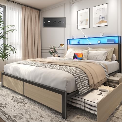 Lifezone Queen Bed Frame with 2-Tier Storage Headboard, Metal Platform Bed Frame with 4 Storage Drawers, Built in Charging Station & LED, Noise-Free/Metal Support/No Box Spring Needed, Beige by Lifezone