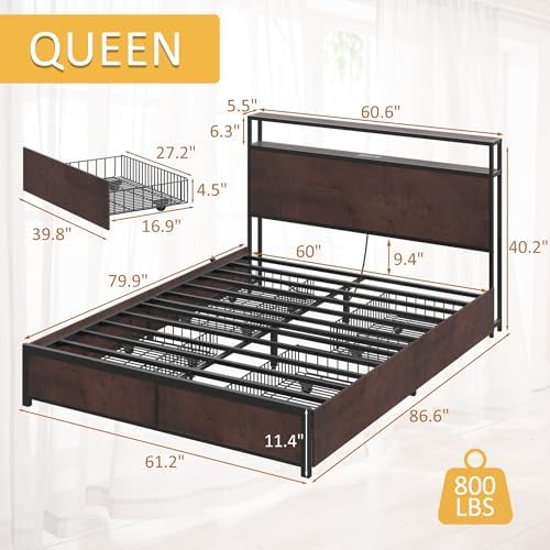 Lifezone Queen Bed Frame with 2-Tier Storage Headboard, Metal Platform Bed Frame with 4 Storage Drawers, Built in Charging Station & LED, Noise-Free/Metal Support/No Box Spring Needed, Coffee Brown - Image 2