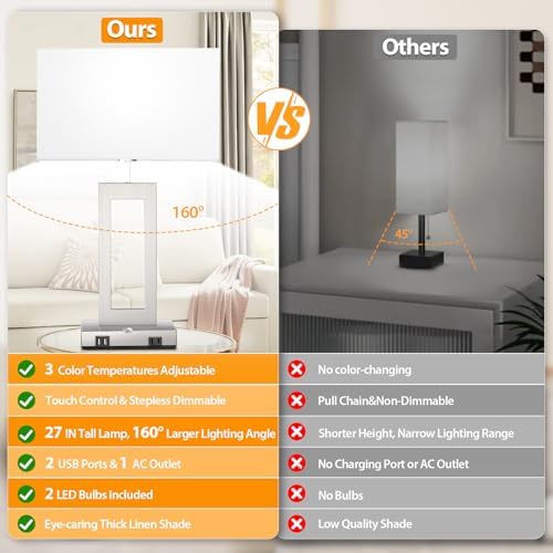 Table Lamps for Bedrooms Set of 2, 27.2’’ Tall Modern Silver Lamps for Living Room Nightstand, Touch Control Bedside Lamps with 2 USB Ports&AC Outlet, Stepless Dimming, 3 Color Temp. Bulbs Covered - Image 5