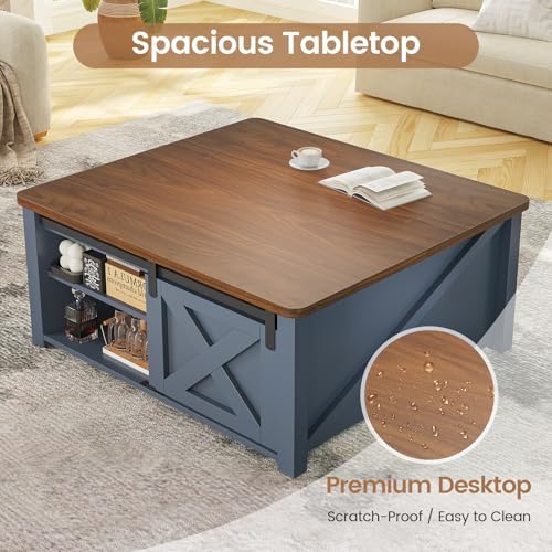 SEDETA 31.5" Lift Top Coffee Table with Storage, Square Coffee Tables for Living Room, Farmhouse Coffee Table with Large Hidden Storage Compartment and Adjustable Shelves, Blue - Image 5