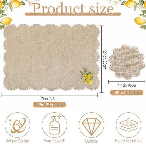 Set of 12 Lemon Cotton Linen Placemats Coaster, 12 x 17 Heat Resistant Embroidery Scalloped Placemats, 4" Summer Kitchen Coaster Double Layered Rustic Dinner Table Decoration(Linen and White) - Image 2