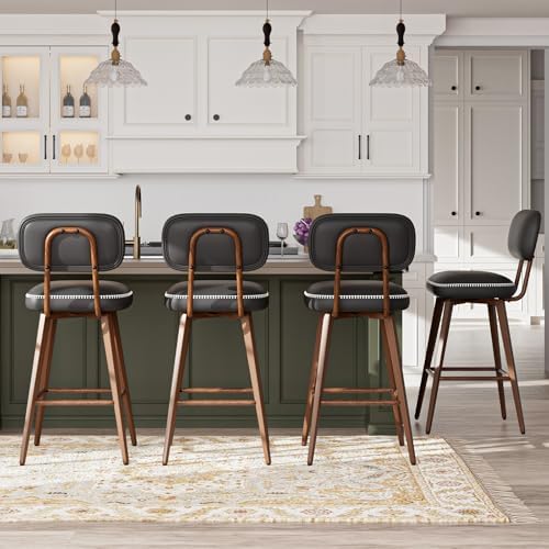 MALOL 26“ Swivel Bar Stools Set of 4, Mid Century PU Leather Counter Height Bar Chairs with Low Back and Metal Legs, Modern Bar Stool Chair for Kitchen Island, Black by MALOL