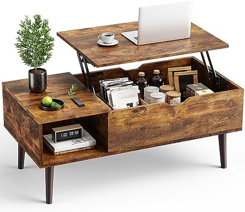 OLIXIS Wooden Coffee Table, Lift Top Coffee Table with Large Hidden Compartment and Ample Storage Shelf, Lift Tabletop Dining Table for Living Room, Home Small Space, Rustic by OLIXIS