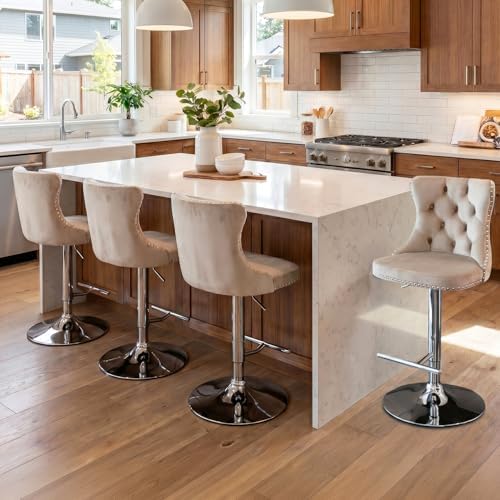 SoarFlash Velvet Bar Stool Set of 4, Adjustable Swivel Bar Stools with Silver Plated Metal Leg, Button Tufted, Footrest, Chrome Nailhead, Counter Height Chair for Kitchen, Bar, Dining Room (Beige) - Image 3