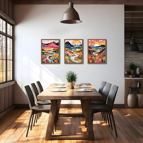 Wood Frame Boho Colorful Wall Art, Set of 3 Abstract Watercolor Mountain Landscape Wall Decor Paintings, Modern Flower Aesthetic Posters Prints for Living Room Bathroom Bedroom 16x24In Framed - Image 5