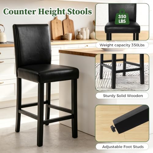 LSSPAID Counter Height Bar Stools Set of 2, 25 Inch Upholstered PU Leather Barstools, Modern Kitchen Island Chairs with Backrest and Solid Wood Legs, Black - Image 3