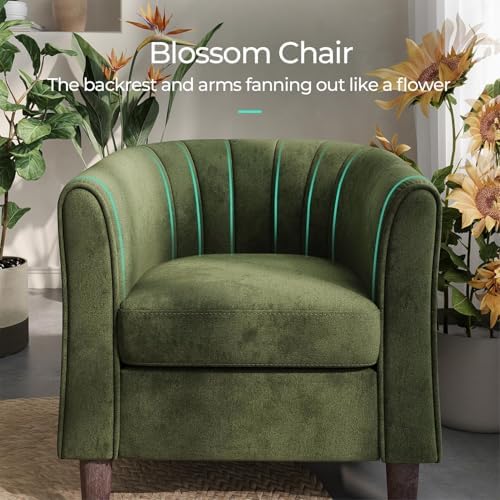 LINSY Accent Chair with Ottoman, Modern Armchair Comfy Barrel Reading Chair with Footrest for Living Room Bedroom Reading Room, Velvet, Olive Green - Image 4