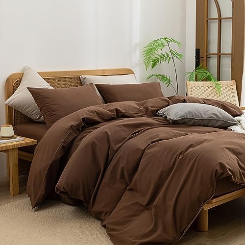 BESTOUCH Cotton Solid Duvet Cover Set Linen Feel Cocoa Brown Full - Image 5