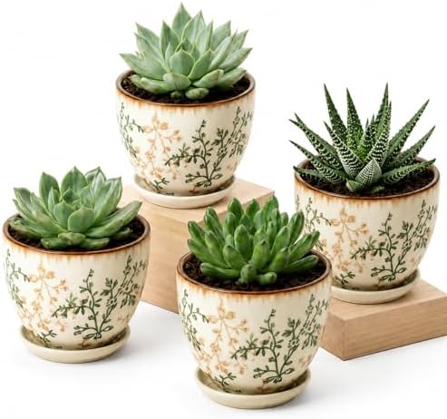 Ceramic Plant Pots, Vintage Succulent Pots, Plant Pots Indoor Set of 4, Planters with Drainage and Attached Saucer, 4.8 Inch Floral Flower Pots for Home Decor, Plant Lover Gifts by MISSYSSIM