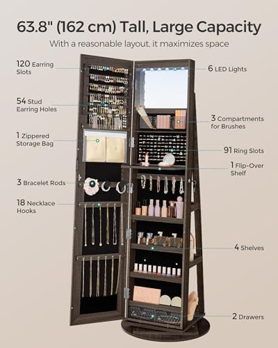 SONGMICS 6 LEDs Mirror Jewelry Cabinet Organizer, 360° Swivel, Lockable - Image 6
