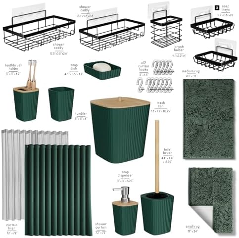 Clara Clark Bathroom Accessories Set - 27PC Bathroom Set with Adhesive Corner Shower Caddy Hanging, Bathroom Sets with Shower Curtain and Rugs, Hunter Green Shower Curtain Set with Bathroom Trash Can - Image 3