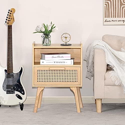 Lerliuo Rattan Nightstand, Boho Side Table with Drawer Open Shelf - Image 5