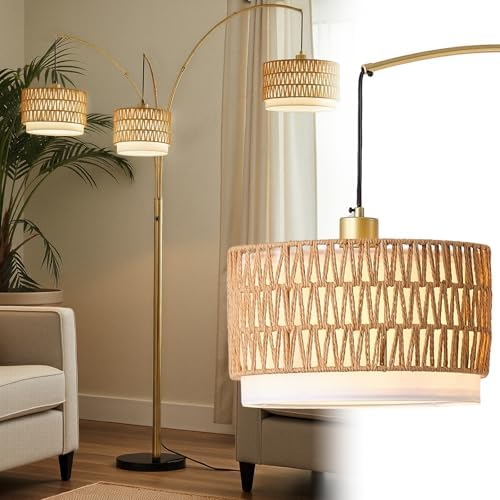 3-Light Arc Gold Rattan Floor Lamp for Living Room,80'' Boho Lamp by Unknown