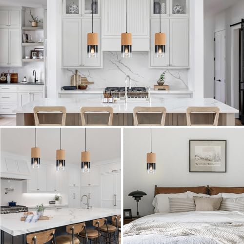 3-Pack Modern Pendant Lights for Kitchen Island, Adjustable Black Pendant Light Fixtures with Raw Wood Grain, Industrial Glass Pendant Lights for Dining Table Hallway Bedroom Living Room - Image 2