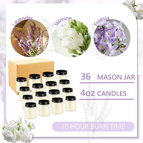 ACITHGL 36 Pcs 4oz Mini Mason Jar Candles Small Scented Candles Bulk Aromatherapy Ideal Souvenir Favors for Wedding Birthday Party (Freesia, Lavender, Jasmine, Black) - Image 3