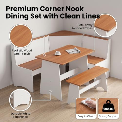 Item Name: Farmhouse Breakfast Nook Table Set with L-Shaped Bench & Storage, Reversible Seating for 3-4, Easy-Clean Waterproof Laminate, Space-Saving Corner Design (White + Natural) - Image 7