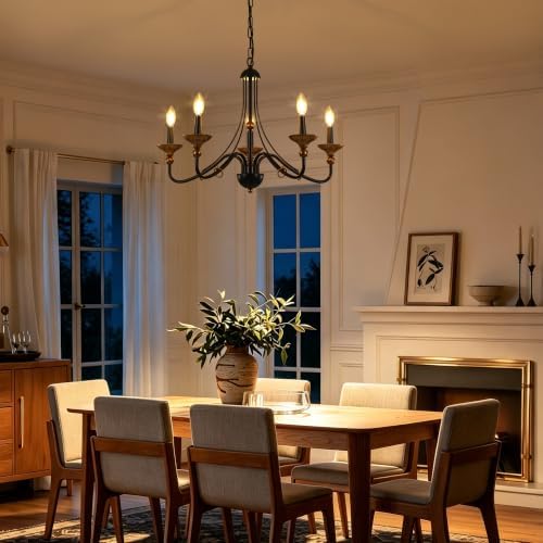 Sigaitwei 5‑Light Modern Farmhouse Candle Pendant, Matte Black with Antique‑Gold Accents, Chandelier Hanging Light Fixture for Kitchen Island, Entryway, Stairwell, E12 Base - Image 2