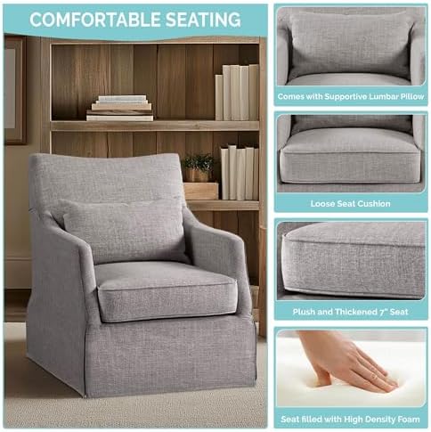 Martha Stewart London Swivel Chair - Solid Wood & Plywood, Skirted Metal Base Accent Armchair, Lumbar Pillow -Modern Classic Family Room Sofa Furniture Bedroom Lounge, 28"X31.5"X35.25", Grey - Image 6