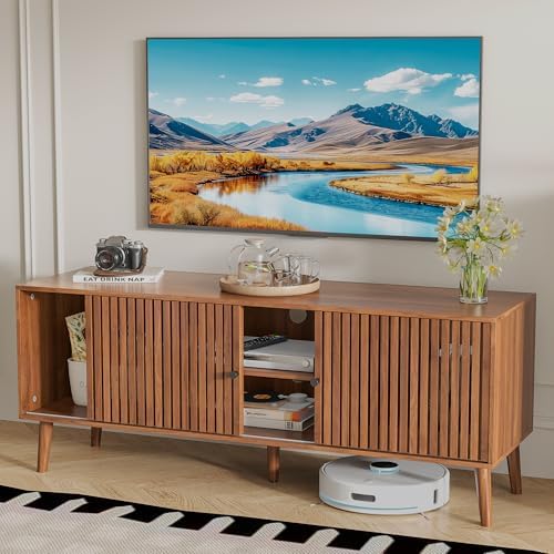 Oubayajia Mid Century Modern TV Stand for Televisions up to 60 Inches, with Sliding Doors and Storage, Television Stands, TV Consoles, Media Consoles for Living Room(Walnut-51.2inch) - Image 7