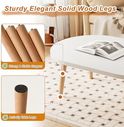 Coffee Table Low Table with Solid Wood Legs, 31.5x19.7 Large Coffee Table Side Table, Floor Table Desk for Sitting on The Floor, Living Room Furniture for Office Apartment Home, Oval White - Image 4