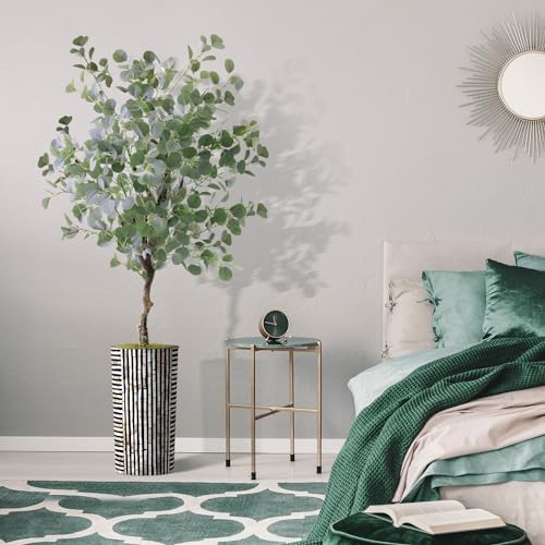 Artificial Tree in Black and Brown Striped Planter, Fake Eucalyptus Silk Tree for Indoor and Outdoor Home Decoration - 66" Overall Tall (Plant Pot Plus Tree) - Image 5
