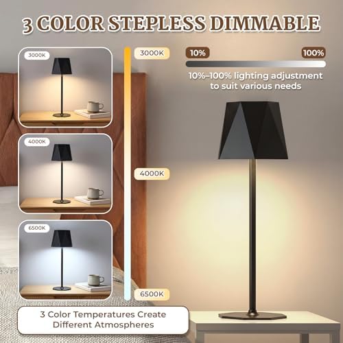 6 Pack LED Cordless Table Lamp Portable Rechargeable Desk Touch Lamp Waterproof 3000mah Battery Operated 3 Color Stepless Dimming Touch Control for Restaurant Bedroom(Black) - Image 4