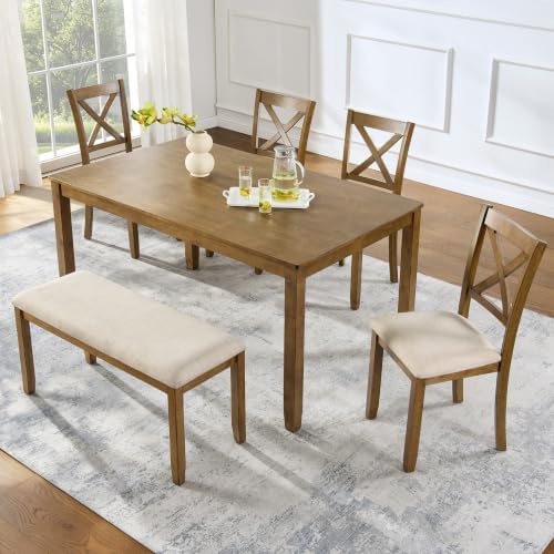 Merax 6-Piece Wood Kitchen Dining Table Set, 58.5" Rectangular Table with 4 Upholstered Chairs & 1 Bench, Rubberwood Legs Modern Elegant Farmhouse for Kitchen Room, Oak by Merax