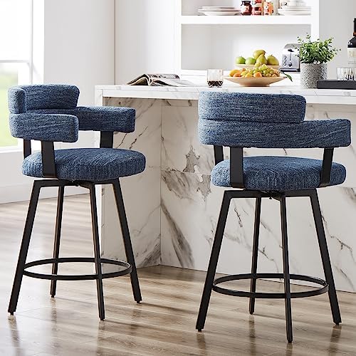 Counter Height Bar Stools with Full Back – Swivel Counter Stools Set of 2 with Linen Padded Back, Metal Footrest, Modern Barstools for Kitchen Counter, Island, Dining Room, Blue 24 inch by FERFALDER