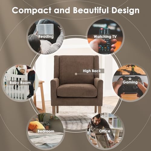 COLAMY Modern Wingback Living Room Chair, Upholstered Fabric Accent Armchair, Single Sofa Chair with Lounge Seat and Wood Legs for Bedroom/Office/Reading Spaces, Brown - Image 6