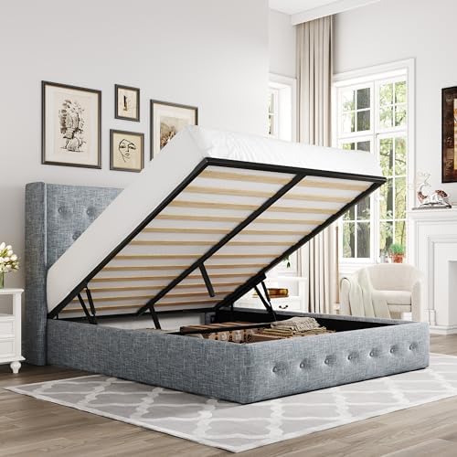 Allewie Full Size Lift Up Storage Button-Tufted Bed Frame Blue Grey by Allewie
