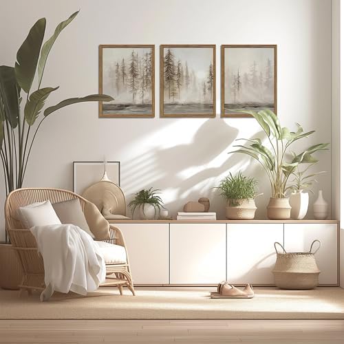 Framed Vintage Forest Wall Art Set of 3, Neutral Tree Landscape Canvas Wall Decor Paintings, Modern Abstract Nature Artwork Posters Prints Pictures for Living Room Office Bedroom 12x16 Inch - Image 2