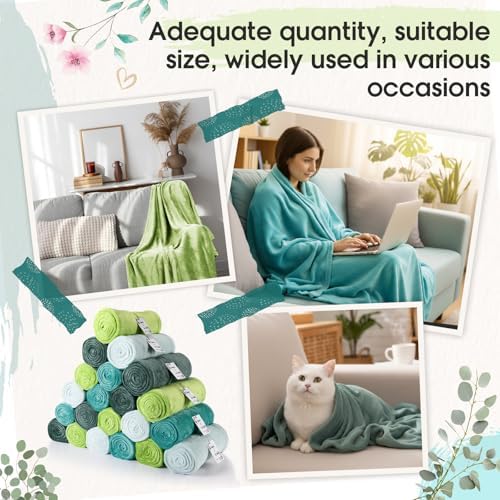 24 Pack Flannel Throw Blankets Bulk 50 x 60 Inch Wedding Fleece Blankets with Thank You Card Soft Blanket for Winter Valentines Guests Sleepover Spa Gifts, 4 Colors (Shades of Green) - Image 3