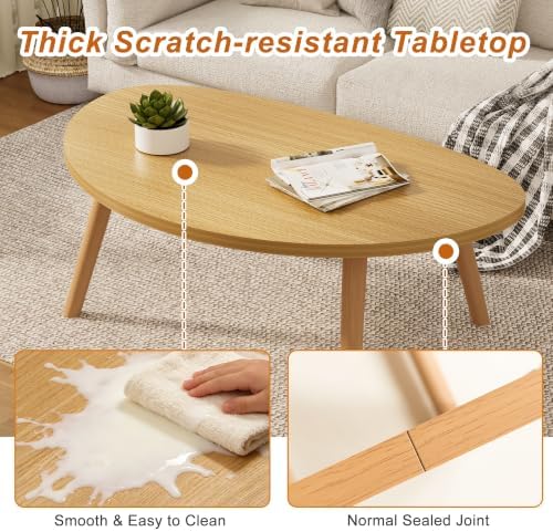 Coffee Table Low Table with Solid Wood Legs, 31.5x19.7 Large Coffee Table Side Table, Floor Table Desk for Sitting on The Floor, Living Room Furniture for Office Apartment Home, Pebble-Natural - Image 5