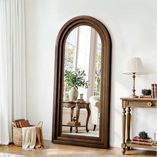 24"x65" Full Length Mirror Solid Wood Frame, Arched Floor Mirror Full Length with Stand, Room Decor Big Full Body Mirror with HD Tempered Glass for Bedroom, Living Room, Walnut Wood - Image 6
