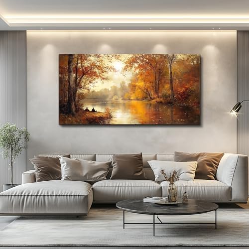 FUHAIHUA Canvas Wall Art For Living Room Large Wall Decor For Bedroom Aesthetics Office Wall Decoration Saffron Yellow Tree Landscape Painting Forest Picture Artwork Ready To Hang Home Decor 24"X48" - Image 3