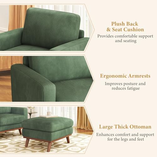 Vesgantti 38.5" Accent Chair with Movable Ottoman, Comfy Corduroy Armchair with Spring Cushion, Reading Chair with Ottoman, Modern Single Sofa for Living Room, Bedroom and Apartment, Green - Image 3