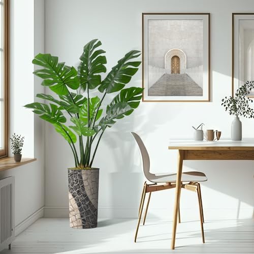 Artificial Tree in Geometric Pattern Planter, Fake Monstera Silk Tree for Indoor and Outdoor Home Decoration - 65" Overall Tall (Plant Pot Plus Tree) - Image 6
