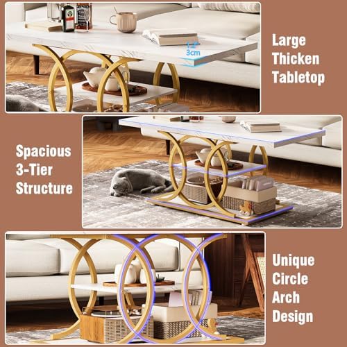 GiftGo Rustic Coffee Table with Storage Modern 3 Tier Center Living Room Table Faux Marble Wooden Rectangle Cocktail Tea Table for Office Bedroom Elegant Full Moon Design (White Gold, L-47) - Image 5