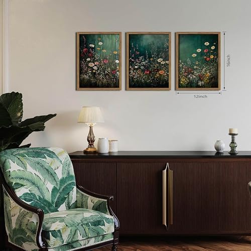 Vintage Wildflower Wall Art Set of 3, Moody Dark Green Flower Botanical Wall Decor Paintings,Nature Floral Farmhouse Landscape Posters Prints Pictures for Living Room Bedroom 12x16 Inch Wood Framed - Image 4