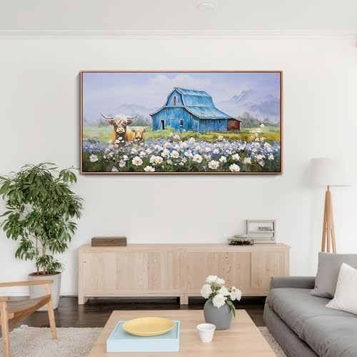 Anolyfi Highland Cow Farmhouse Wall Art for Living Room, Blue Barn Paintings Warm and Cozy Decor for Bedroom Dining Room Home Hallway, Framed 58"x29" - Image 3