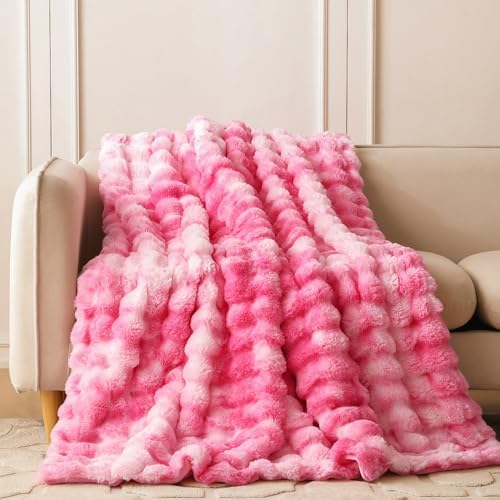 COOVA Soft Bubble Faux Fur Throw Blanket, 50"x60", Tie-dye Pink - Image 2