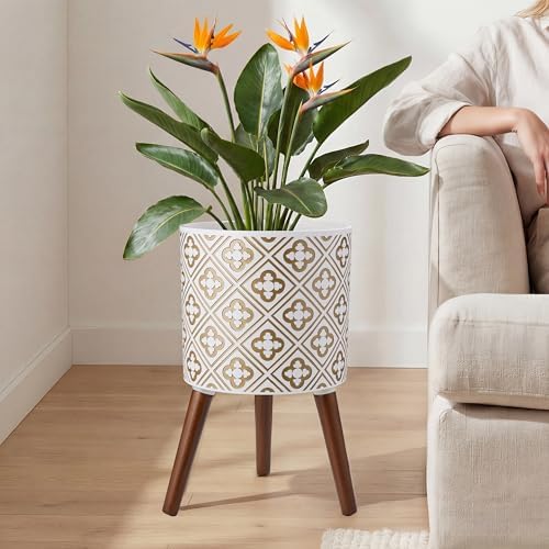 naclto 12 Inch Planter Pot with Stand,Plant Stand Plant Pot for Indoor Plants,Large Modern Flower Pots Indoor Outdoor with Drainage for Home Garden Patio, White and Gold - Image 3
