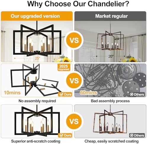 25"-61" Height Adjustable Modern Black and Gold Chandelier for Dining Room, No Assembly Required Dining Room Light Fixture Over Table, Industrial Metal Pendant Lights Fixture for Kitchen Island - Image 2