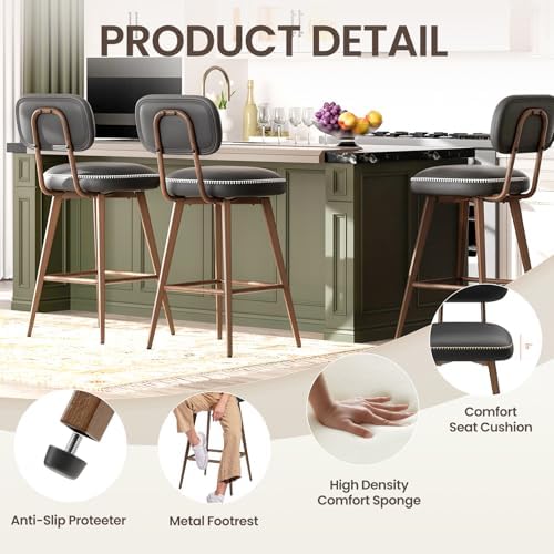 MALOL 26“ Swivel Bar Stools Set of 2, Mid Century PU Leather Counter Height Bar Chairs with Low Back and Metal Legs, Modern Bar Stool Chair for Kitchen Island, Black - Image 4