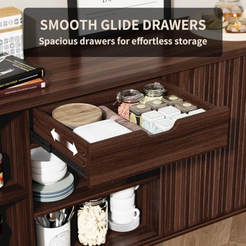71" Sideboard Buffet Cabinet with Storage,Large Credenza with Sliding Doors and 1 Drawer,Mid Century Modern Coffee Bar Cabinet with Adjustable Shelves for Dining Room, Kitchen, Living Room (Walnut) - Image 4