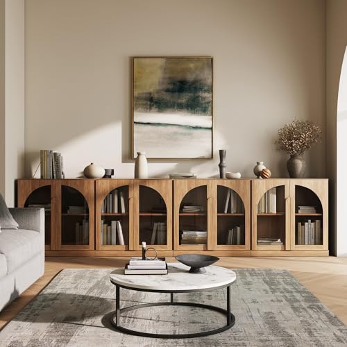 BELLEZE Bijou Set of 4 Wall-to-Wall Sideboards (126" Wide) - Grand Buffet Cabinet System w/8 Arched Glass Doors - Massive Entertainment Center & Display Console for Living Room, Camel - Image 5