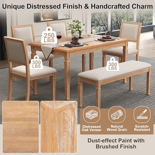 VilroCaz Farmhouse 6-Piece Dining Table Set, 59 to 72-Inch Extendable Dining Table with 4 Chairs & Bench, Vintage Kitchen Table Set with Distressed Finish and Retro Carved Legs (Natural-11.6) - Image 5