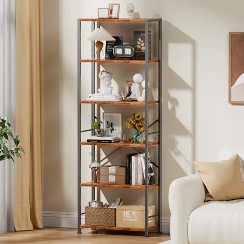 Furologee 6 Tier Book Shelf Set of 2, Tall Wide Bookshelf, Rustic Brown - Image 2
